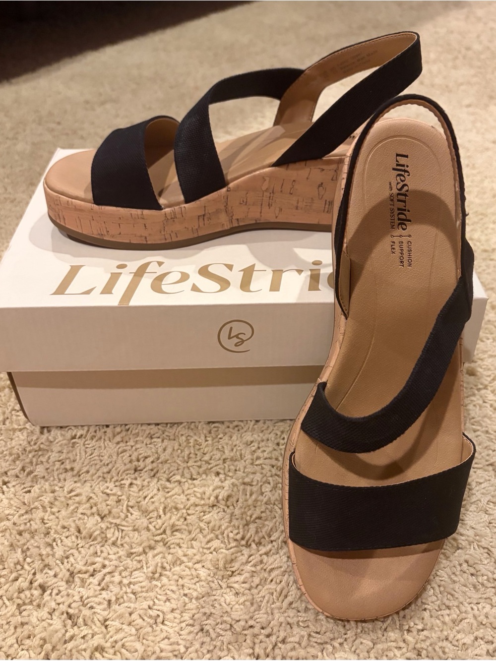 LifeStride Black Elastic Slingback Cork-Effect Wedge Sandals